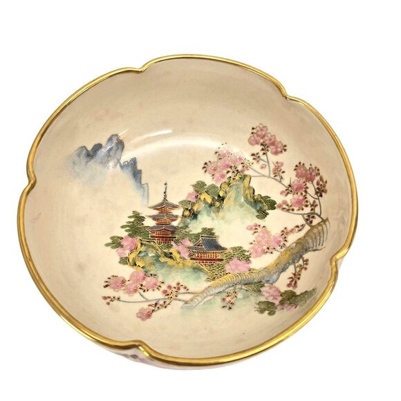 Vintage Japanese Hand-Painted Ceramic Bowls With Floral Landscape Designs je189 - Picture 4 of 16